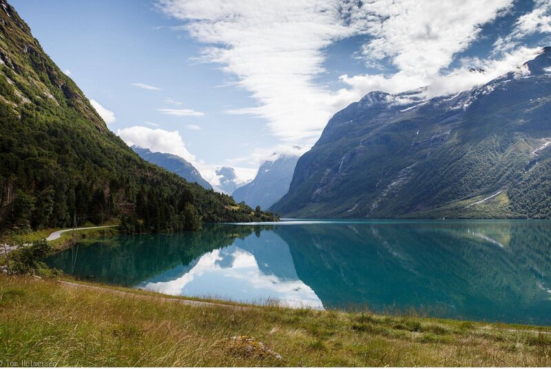 Mountain Lake Reflection — Blue, Serene, Afternoon, Photograph, Mountains, Trees, Road