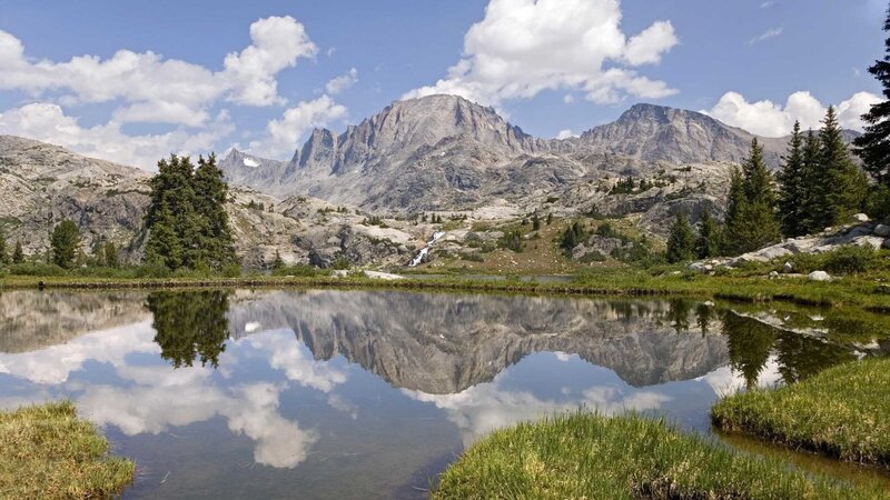 Mountain Lake Reflection — Blue, Serene, Afternoon, Photograph, Mountains, Trees