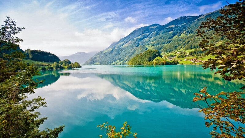 Mountain Lake Reflection — Blue, Serene, Afternoon, Photograph, Mountains, Trees, Village