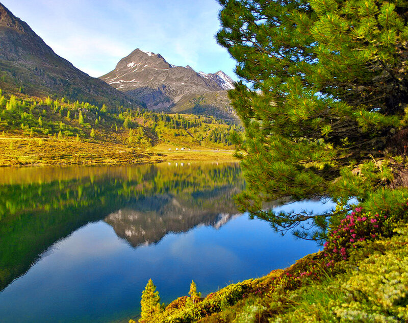 Mountain Lake Reflection — Blue, Serene, Afternoon, Photograph, Pine Tree, Mountains