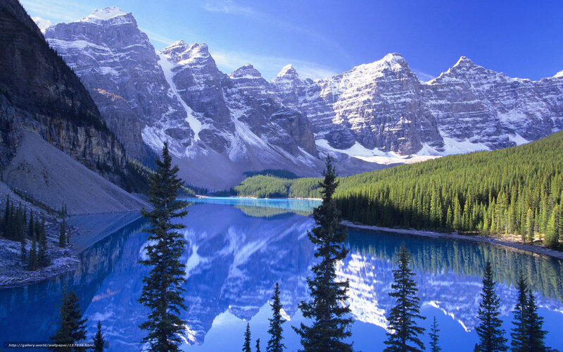 Mountain Lake Reflection — Blue, Serene, Afternoon, Photograph, Pine Trees, Snow-capped Mountains, Forest