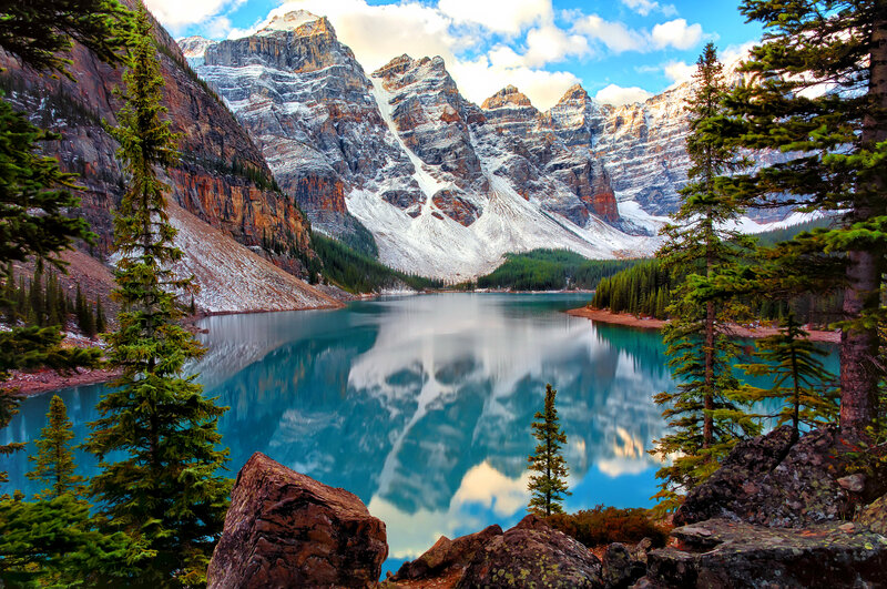 Mountain Lake Reflection — Blue, Serene, Afternoon, Photograph, Pine Trees, Snow-capped Mountains