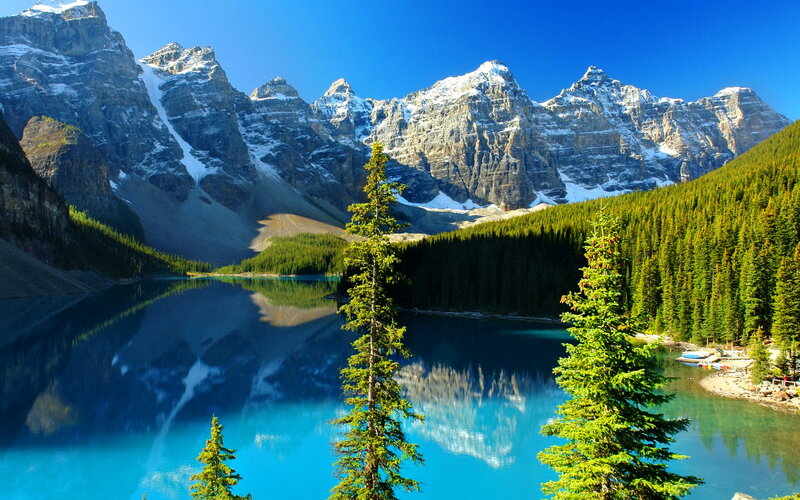 Mountain Lake Reflection — Blue, Serene, Afternoon, Photograph, Pine Trees, Snow-capped Peaks, Forest