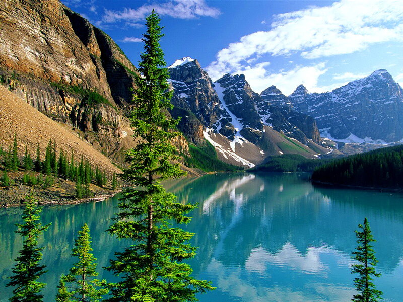 Mountain Lake Reflection — Blue, Serene, Afternoon, Photograph, Pine Trees, Snow-capped Peaks