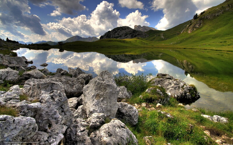 Mountain Lake Reflection — Blue, Serene, Afternoon, Photograph, Rocks, Clouds, Grass
