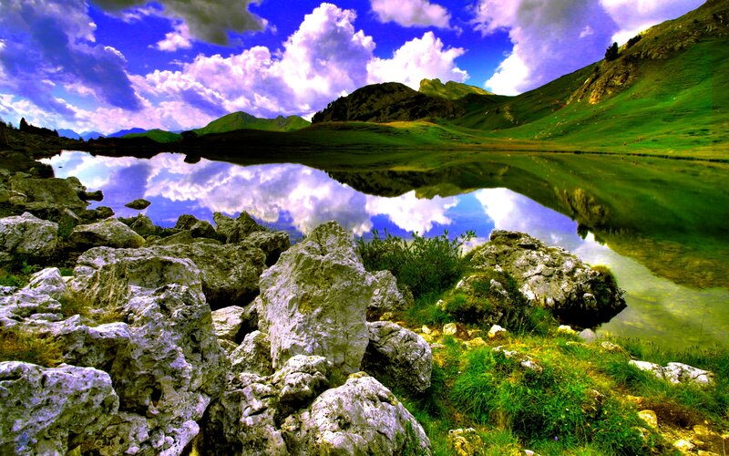 Mountain Lake Reflection — Blue, Serene, Afternoon, Photograph, Rocks, Clouds