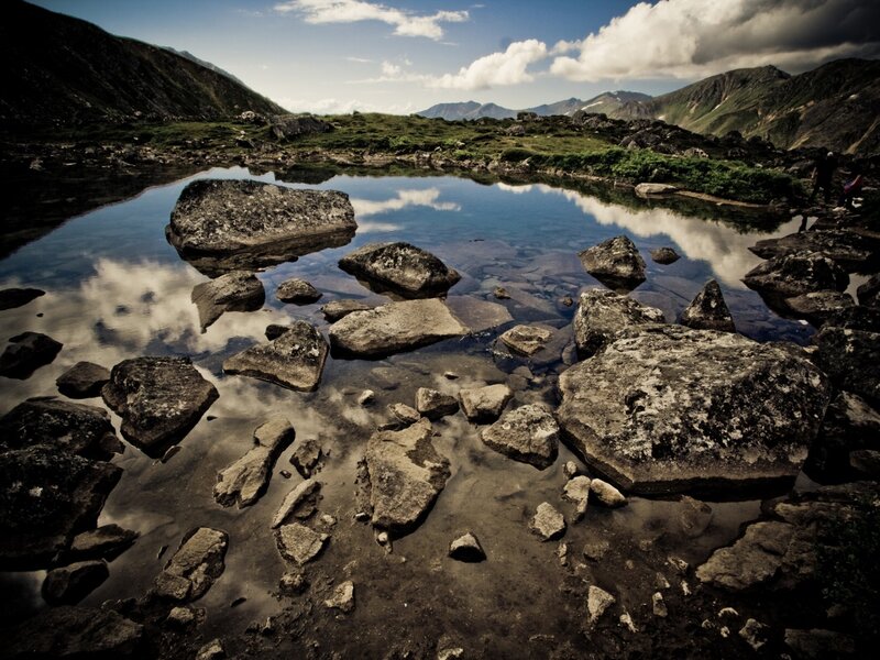 Mountain Lake Reflection — Blue, Serene, Afternoon, Photograph, Rocks