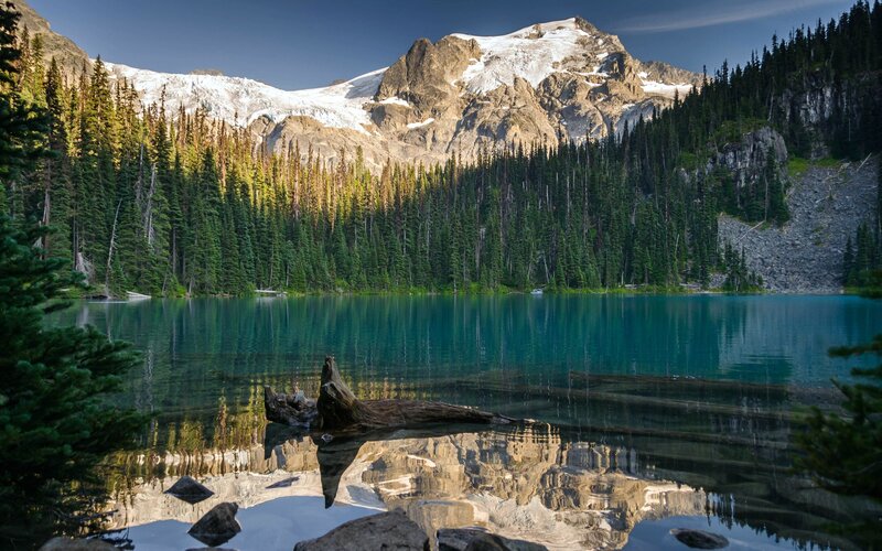 Mountain Lake Reflection — Blue, Serene, Afternoon, Photograph, Snow-capped Mountain, Pine Forest