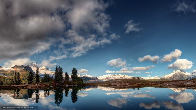 Mountain Lake Reflection — Blue, Serene, Afternoon, Photograph, Snow-capped Mountains, Evergreen Trees, Clouds