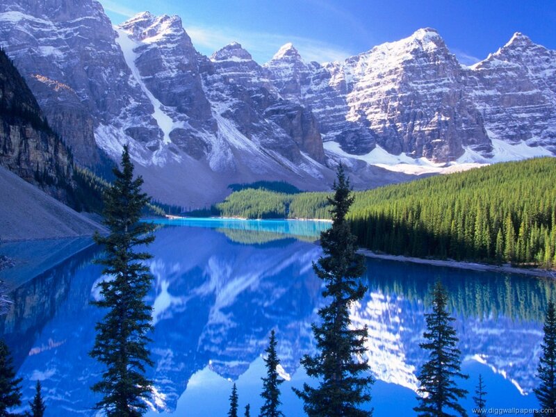 Mountain Lake Reflection — Blue, Serene, Afternoon, Photograph, Snow-capped Mountains, Evergreen Trees, Forest