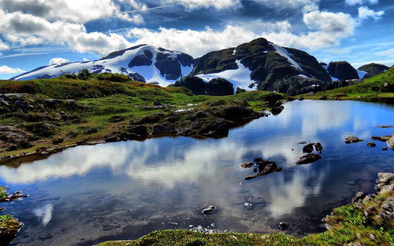 Mountain Lake Reflection — Blue, Serene, Afternoon, Photograph, Snow-capped Mountains, Green Meadow