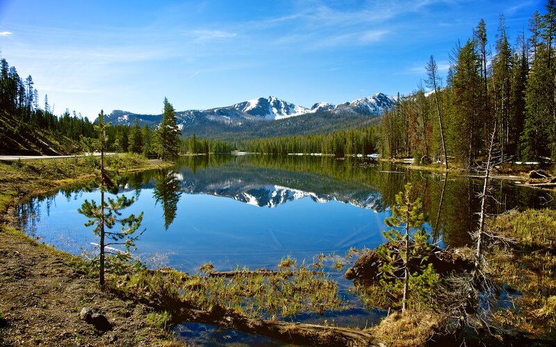 Mountain Lake Reflection — Blue, Serene, Afternoon, Photograph, Snow-capped Mountains, Pine Trees