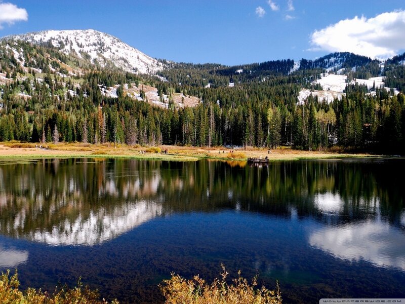 Mountain Lake Reflection — Blue, Serene, Afternoon, Photograph, Snow-capped Mountains