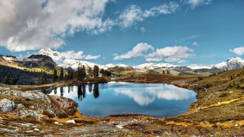 Mountain Lake Reflection — Blue, Serene, Afternoon, Photograph, Snow-capped Mountains, Trees, Clouds