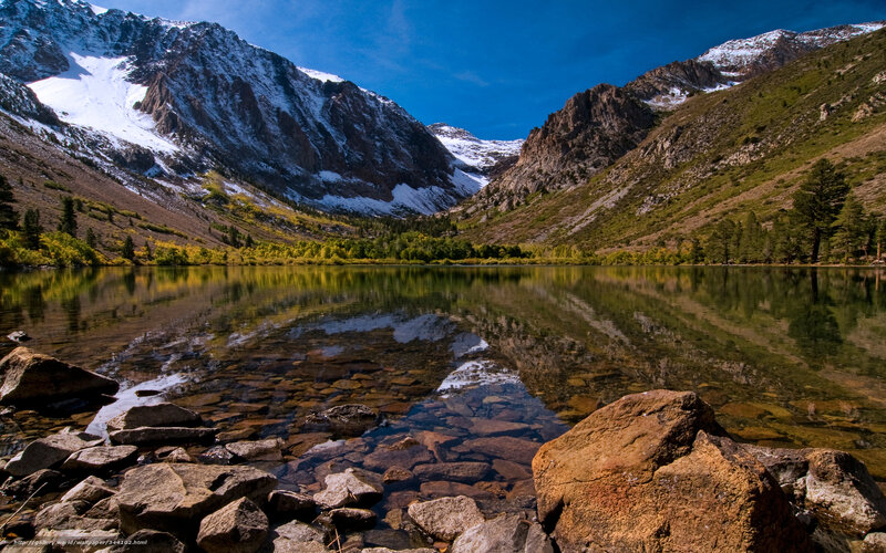 Mountain Lake Reflection — Blue, Serene, Afternoon, Photograph, Snow-capped Mountains, Trees, Rocks