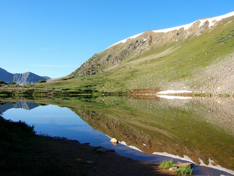 Mountain Lake Reflection — Blue, Serene, Afternoon, Photograph, Snow, Sky