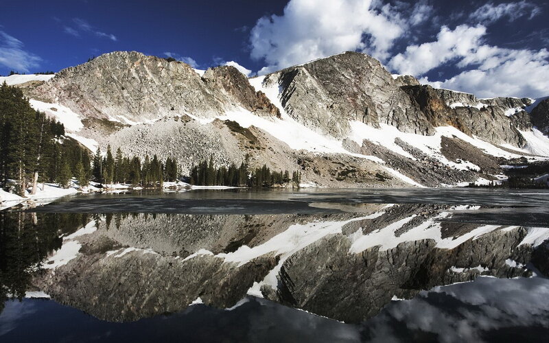 Mountain Lake Reflection — Blue, Serene, Afternoon, Photograph, Snow