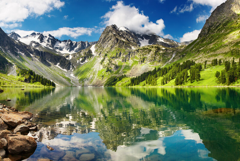 Mountain Lake Reflection — Blue, Serene, Afternoon, Photograph