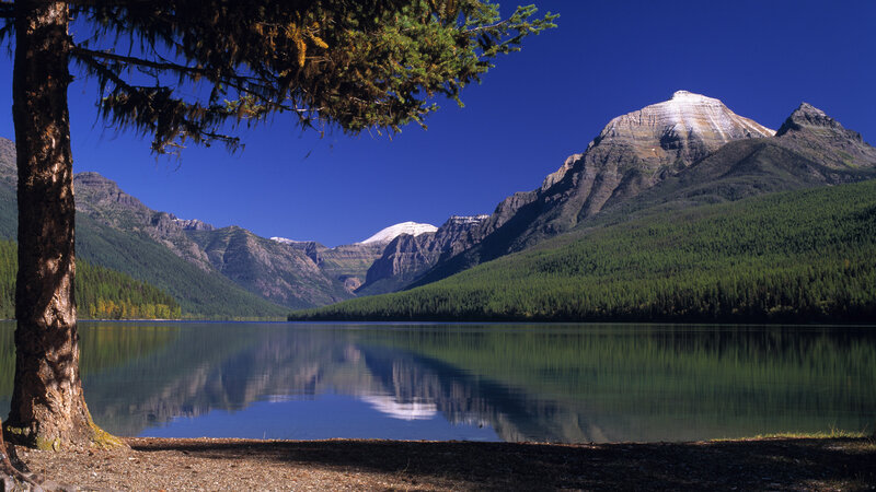 Mountain Lake Reflection — Blue, Serene, Afternoon, Photograph, Tree, Mountains