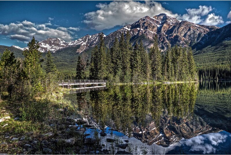 Mountain Lake Reflection — Blue, Serene, Afternoon, Photograph, Trees, Bridge