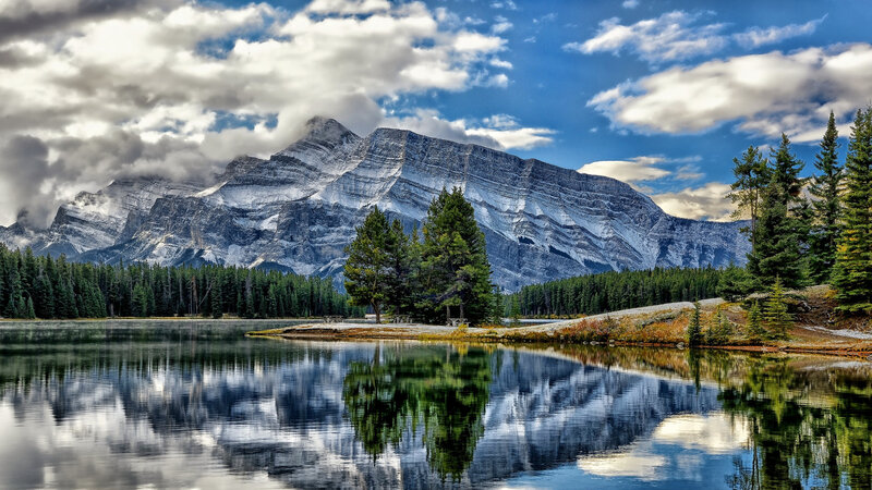 Mountain Lake Reflection — Blue, Serene, Afternoon, Photograph, Trees, Clouds, Forest