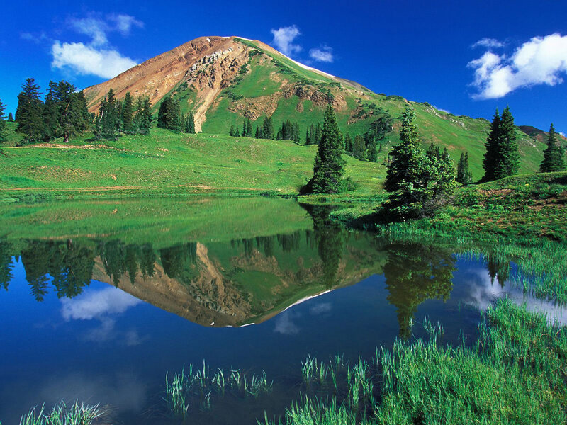 Mountain Lake Reflection — Blue, Serene, Afternoon, Photograph, Trees, Clouds, Grass