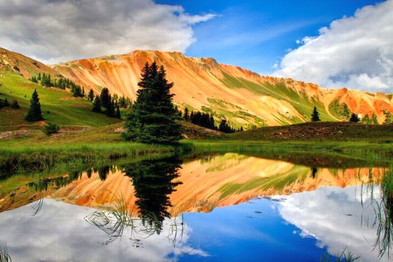 Mountain Lake Reflection — Blue, Serene, Afternoon, Photograph, Trees, Clouds, Mountains