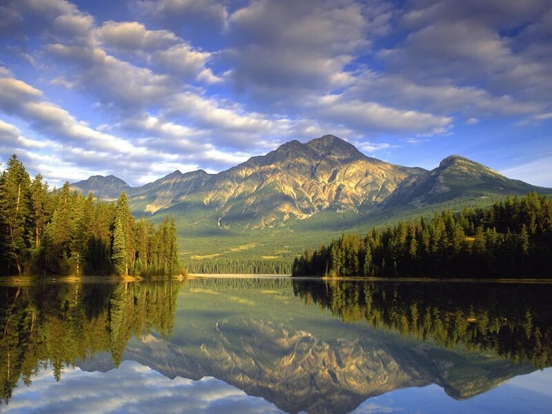 Mountain Lake Reflection — Blue, Serene, Afternoon, Photograph, Trees, Clouds