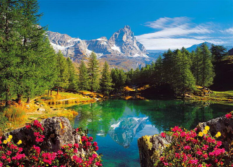 Mountain Lake Reflection — Blue, Serene, Afternoon, Photograph, Trees, Flowers