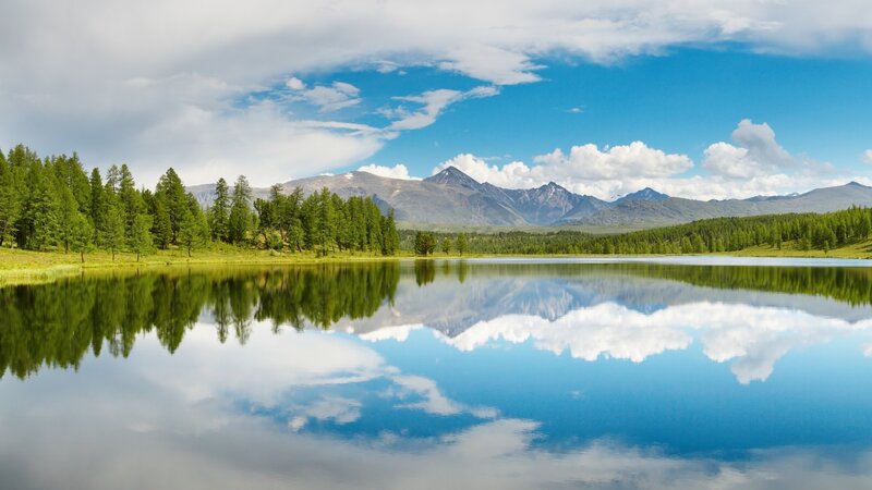 Mountain Lake Reflection — Blue, Serene, Afternoon, Photograph, Trees, Mountains, Clouds, Green, White