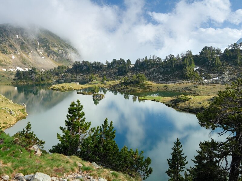 Mountain Lake Reflection — Blue, Serene, Afternoon, Photograph, Trees, Mountains, Clouds