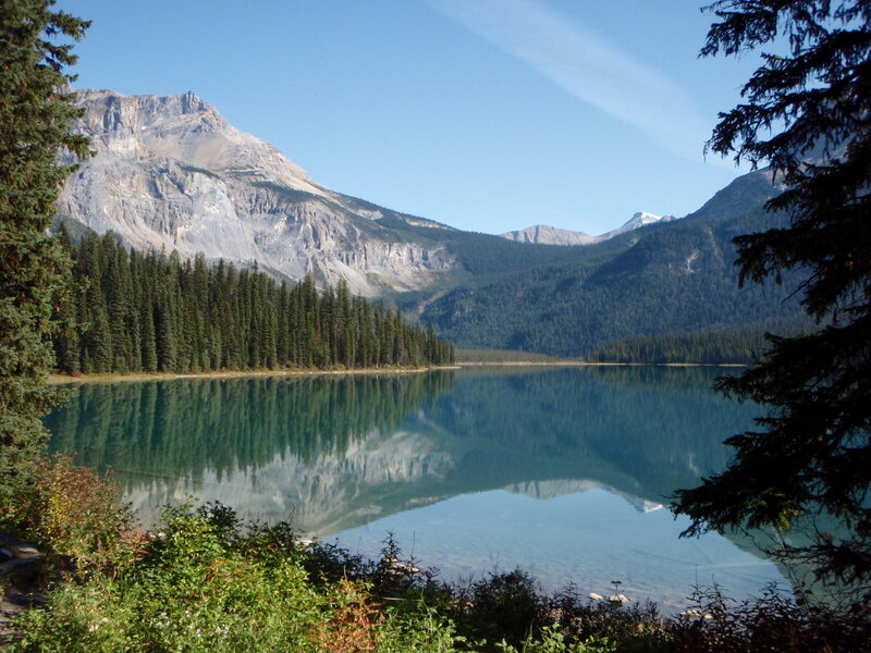 Mountain Lake Reflection — Blue, Serene, Afternoon, Photograph, Trees, Mountains, Forest, Green, Gray