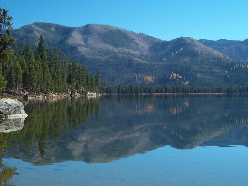 Mountain Lake Reflection — Blue, Serene, Afternoon, Photograph, Trees, Mountains, Rock, Green