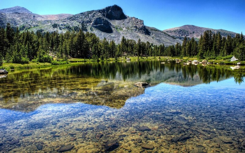 Mountain Lake Reflection — Blue, Serene, Afternoon, Photograph, Trees, Mountains, Rocks, Green