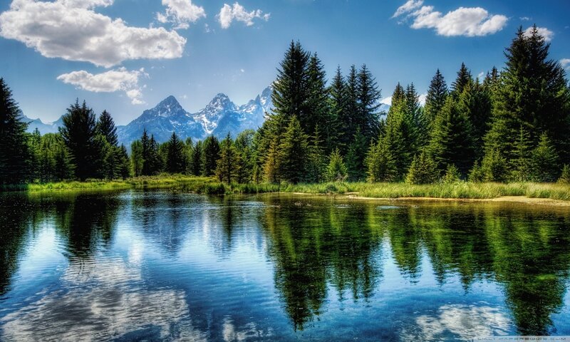 Mountain Lake Reflection — Blue, Serene, Afternoon, Photograph, Trees, Mountains