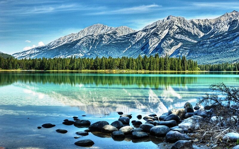 Mountain Lake Reflection — Blue, Serene, Afternoon, Photograph, Trees, Rocks, Sky