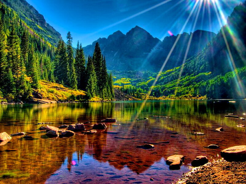 Mountain Lake Reflection — Blue, Serene, Afternoon, Photograph, Trees, Rocks, Sunbeams