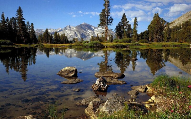 Mountain Lake Reflection — Blue, Serene, Afternoon, Photograph, Trees, Rocks