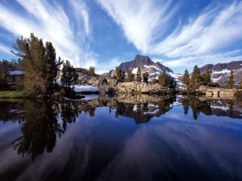 Mountain Lake Reflection — Blue, Serene, Afternoon, Photograph, Trees, Snow, Sky, Green, Gray