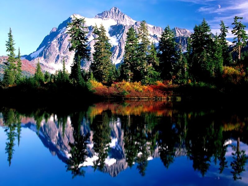 Mountain Lake Reflection — Blue, Serene, Afternoon, Photograph, Trees, Snow, Sky, Green, White