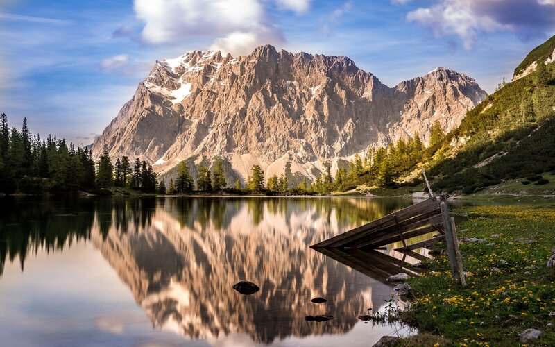 Mountain Lake Reflection — Blue, Serene, Afternoon, Photograph, Trees, Wooden Structure