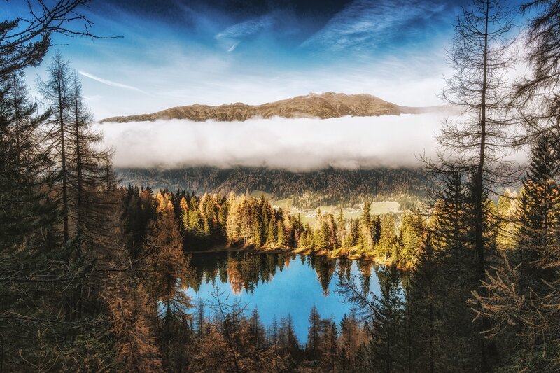 Mountain Lake Reflection — Blue, Serene, Autumn, Photograph, Forest, Clouds