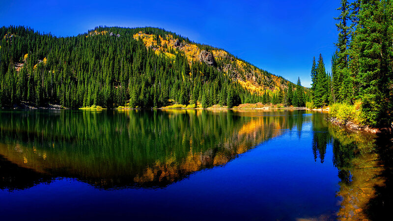 Mountain Lake Reflection — Blue, Serene, Autumn, Photograph, Forest