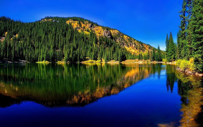 Mountain Lake Reflection — Blue, Serene, Autumn, Photograph, Forest, Trees