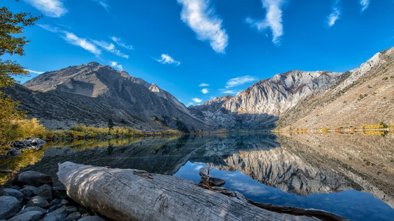 Mountain Lake Reflection — Blue, Serene, Autumn, Photograph, Mountains, Driftwood