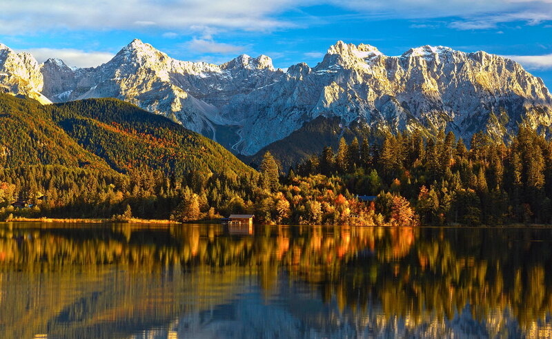 Mountain Lake Reflection — Blue, Serene, Autumn, Photograph, Mountains, Forest, Cabin