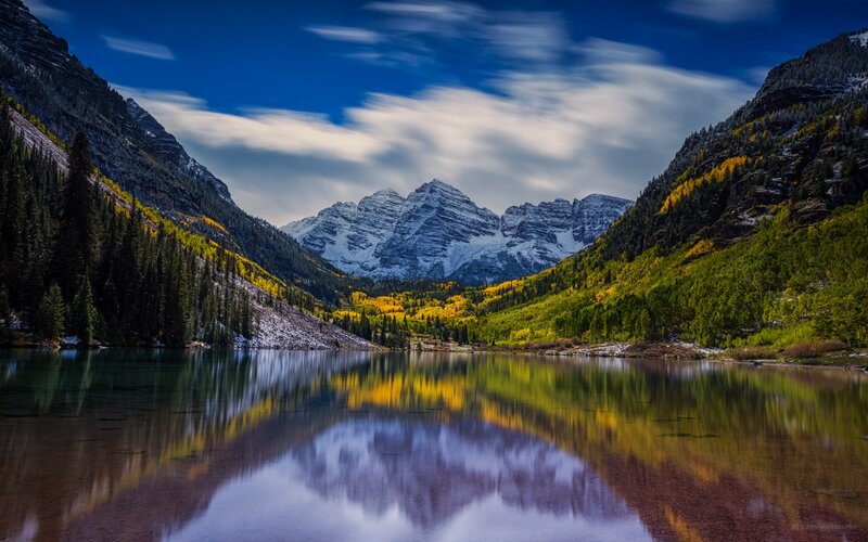 Mountain Lake Reflection — Blue, Serene, Autumn, Photograph, Mountains, Forest, Clouds