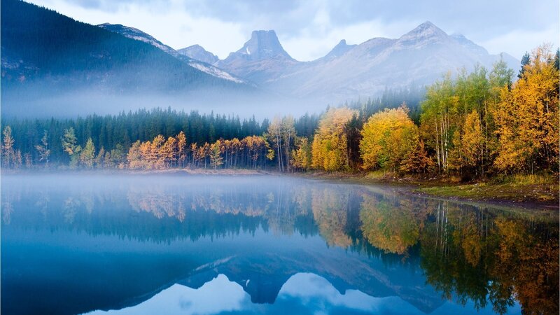 Mountain Lake Reflection — Blue, Serene, Autumn, Photograph, Mountains, Forest, Mist