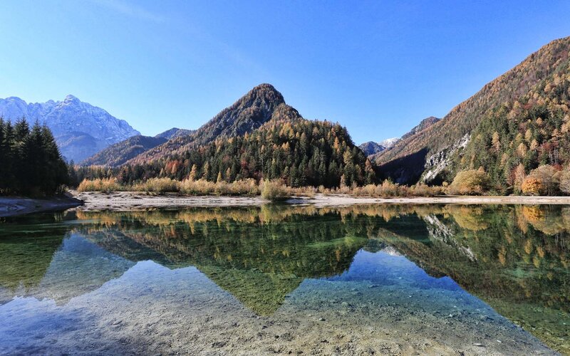 Mountain Lake Reflection — Blue, Serene, Autumn, Photograph, Mountains, Forest, River, Green, Brown