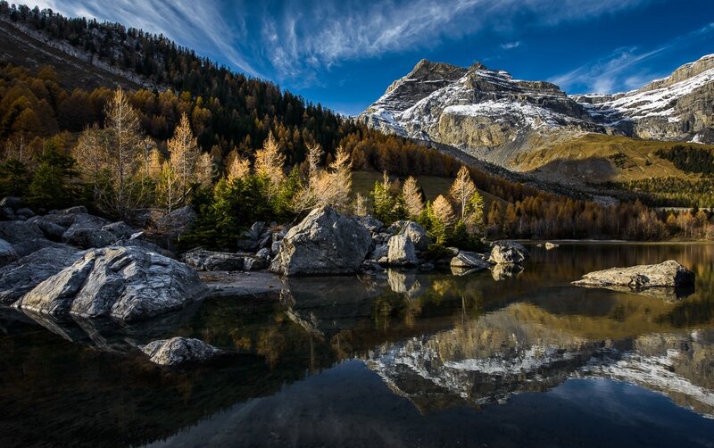 Mountain Lake Reflection — Blue, Serene, Autumn, Photograph, Mountains, Forest, Rocks
